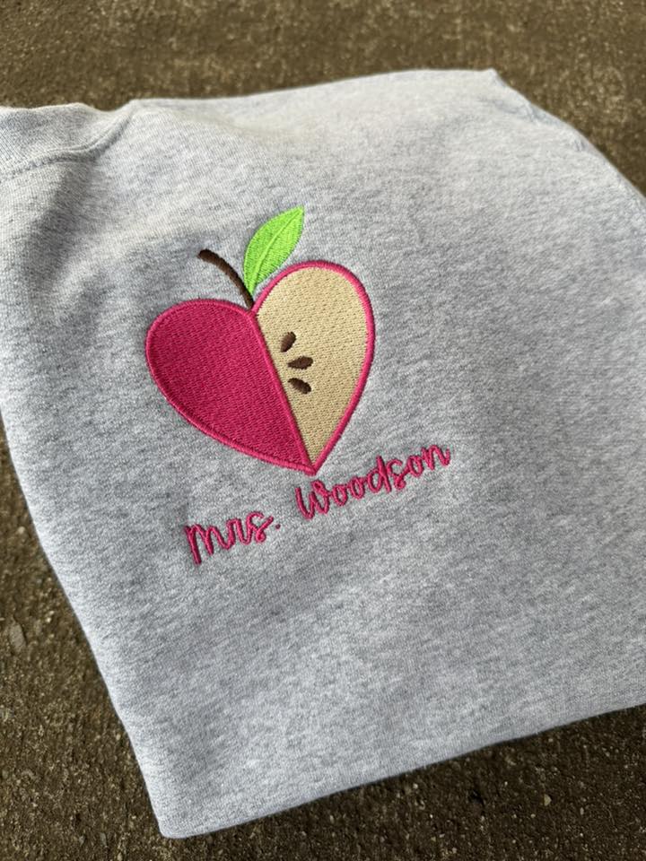 Embroidered Left Chest Custom Name with Heart Apple | Teacher Gift | QUICK SHIP