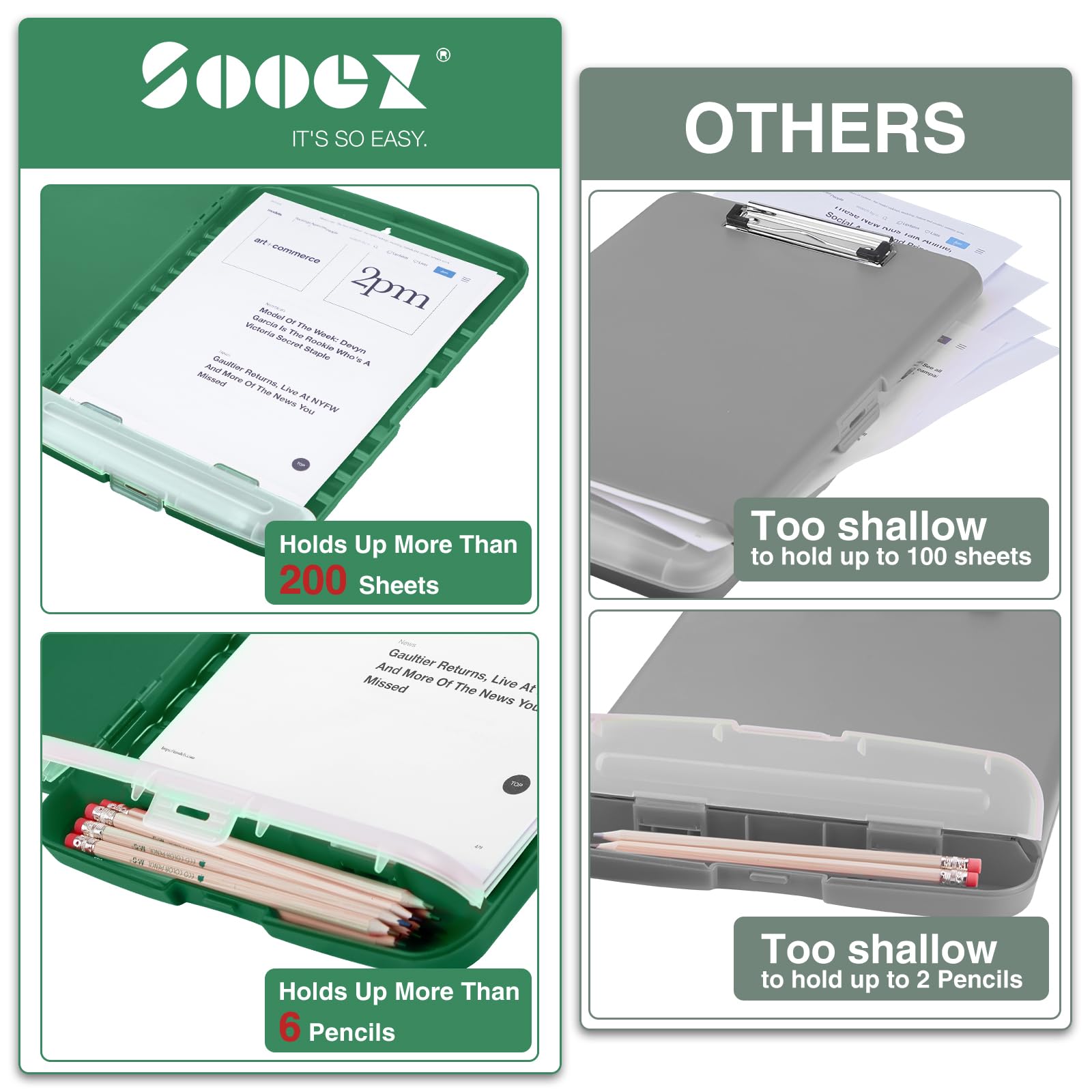 Sooez Clipboard with Storage, Clip Board 8.5 x 11 with Pen Holder, Plastic Organization Case Box for Letter Legal A4 Size Paper, Low Profile Clip, Nurses Teachers Must Haves, School & Office Supplies
