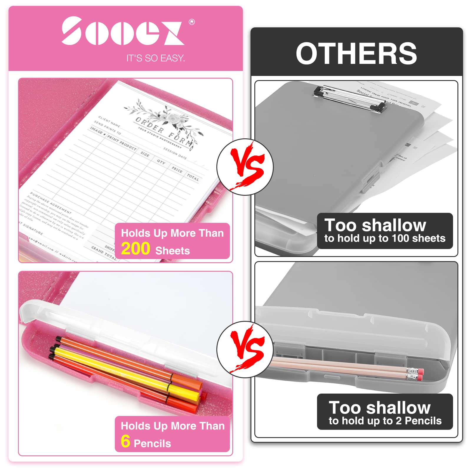 Sooez Clipboard with Storage, Clip Board 8.5 x 11 with Pen Holder, Plastic Organization Case Box for Letter Legal A4 Size Paper, Low Profile Clip, Nurses Teachers Must Haves, School & Office Supplies