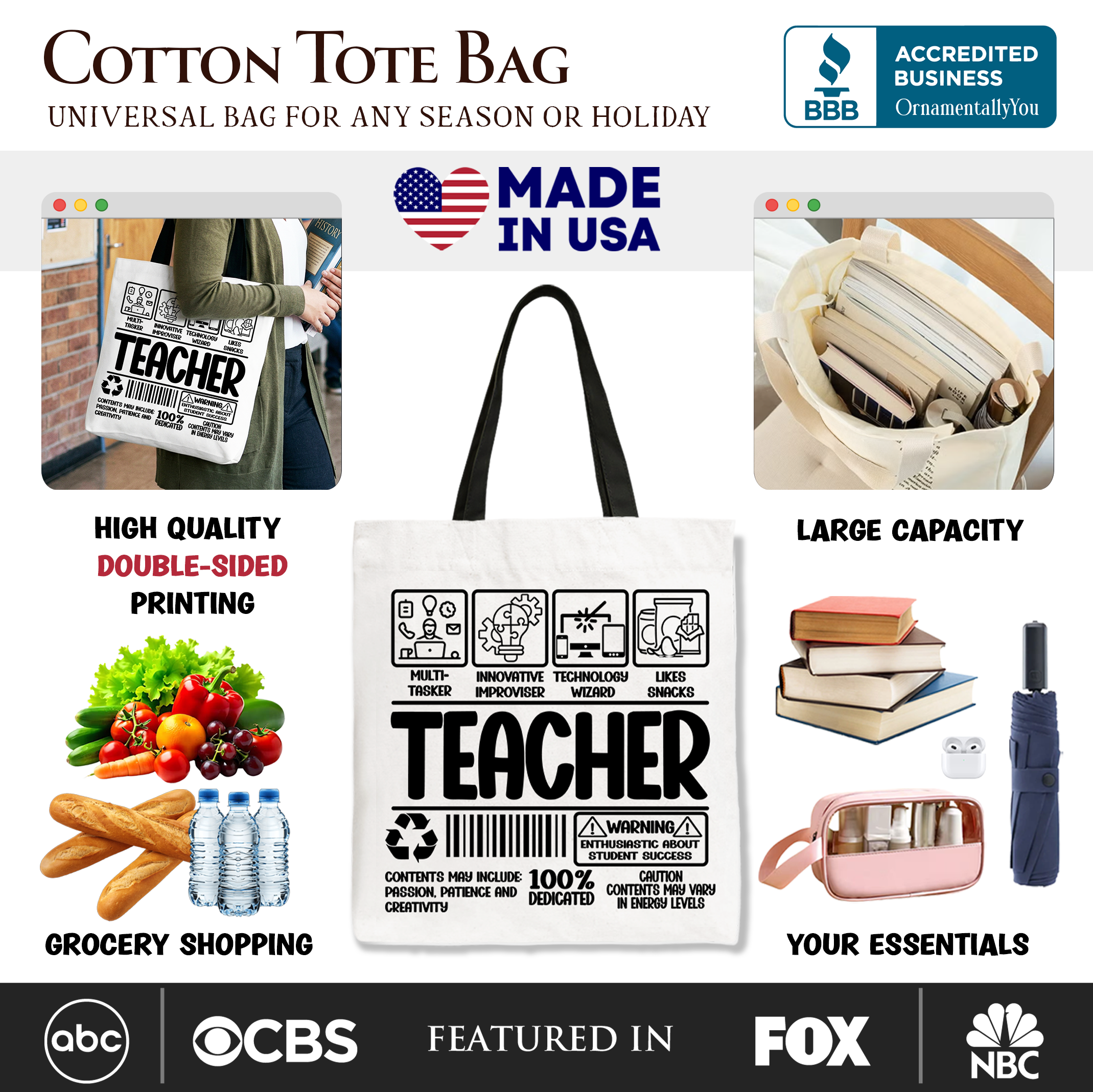 Teacher Label Tote Bag, Funny Barcode Gift Shopper for Dedicated Educators