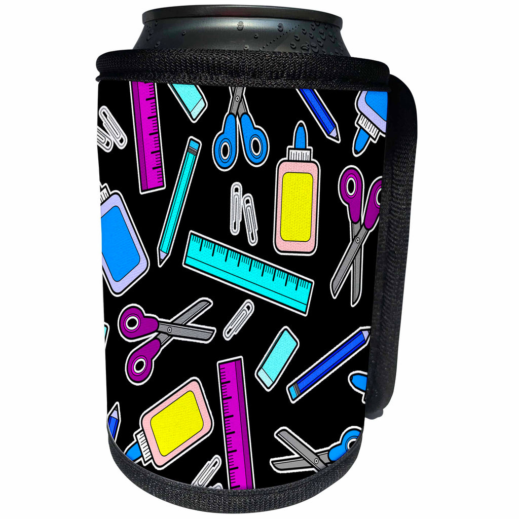3dRose Janna Salak Designs Teachers and School Stuff - Cute Cartoon School Supplies - Black - Can Cooler Bottle Wrap (cc_77587)