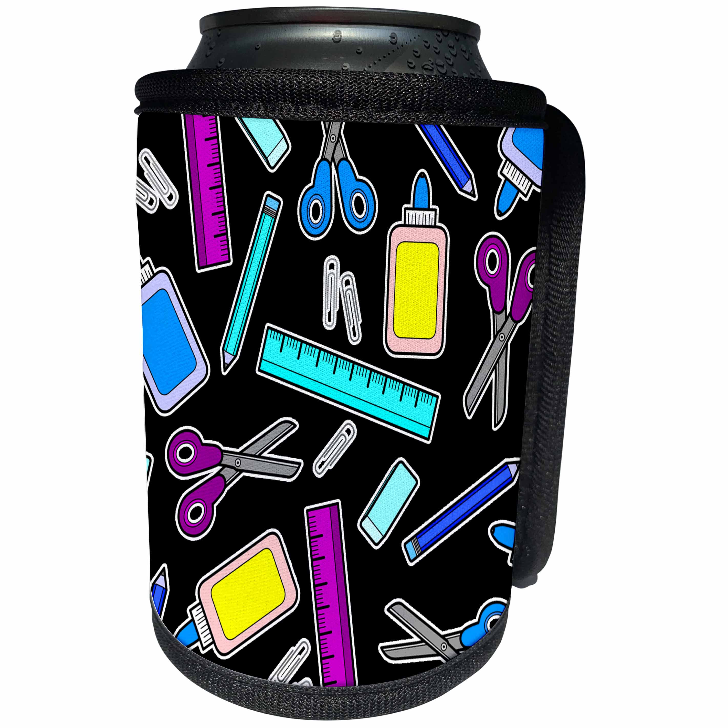 3dRose Janna Salak Designs Teachers and School Stuff - Cute Cartoon School Supplies - Black - Can Cooler Bottle Wrap (cc_77587)